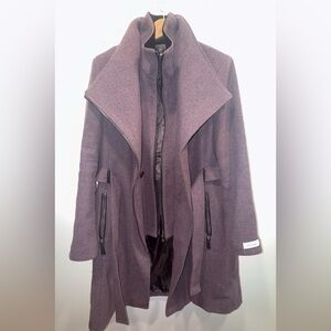 Calvin Klein Collection Plum Wool Wrap Coat Dramatic Collar Belted XL Mauve Belt